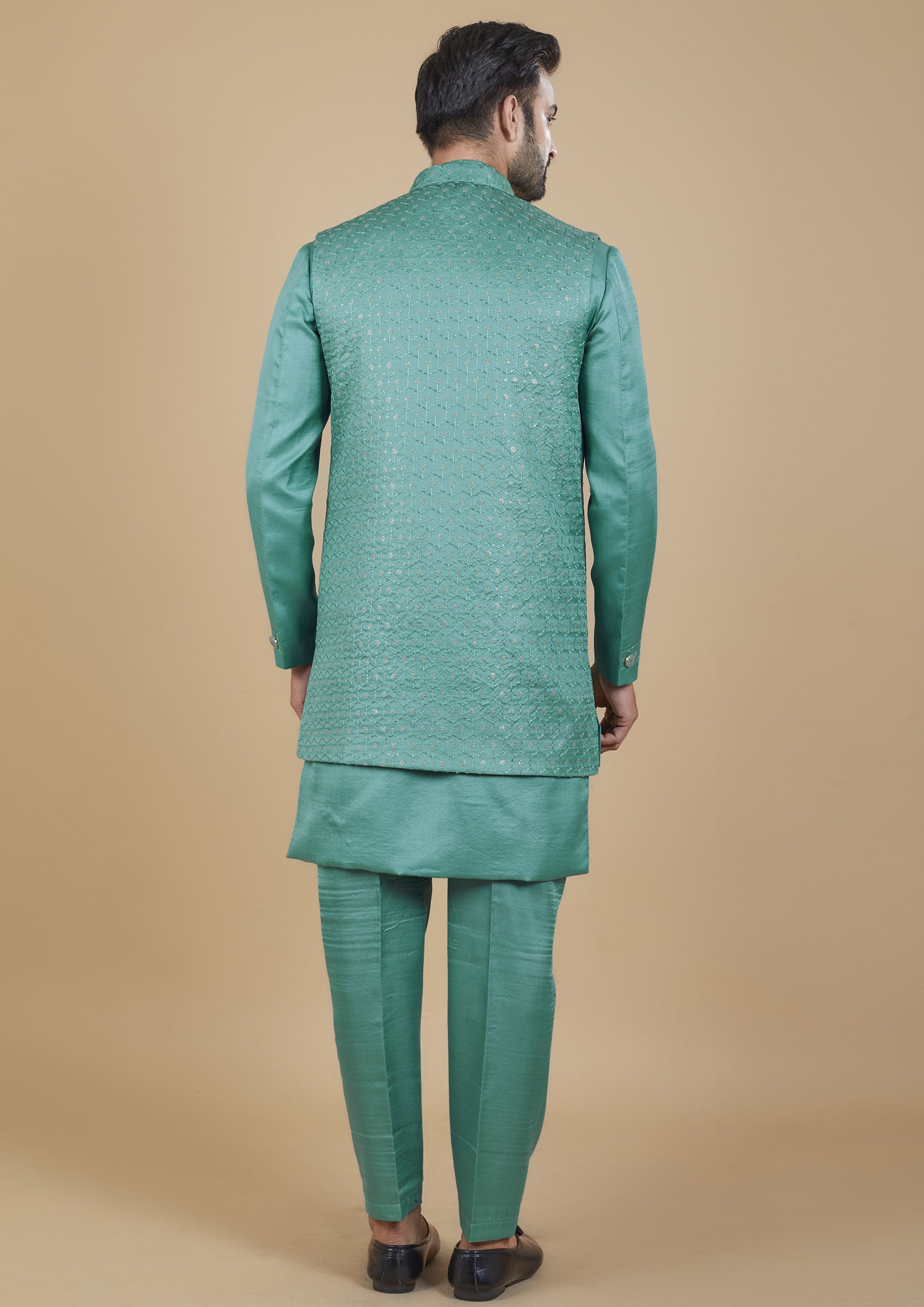 Turquoise Color Jacquard Silk Embroidered Indowestern